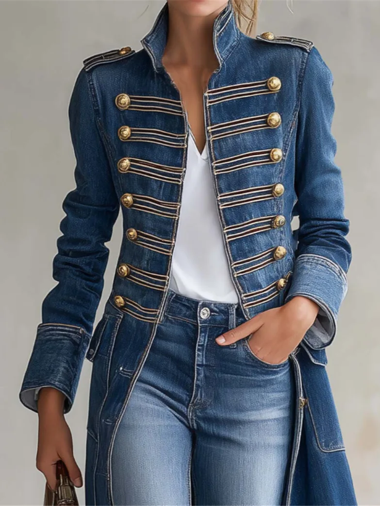 Customization Vintage Women Double Breasted Denim Trench Coat Lapel Collar Long Sleeve Mid Length Slim Fit Elegant Retro Jean Ou