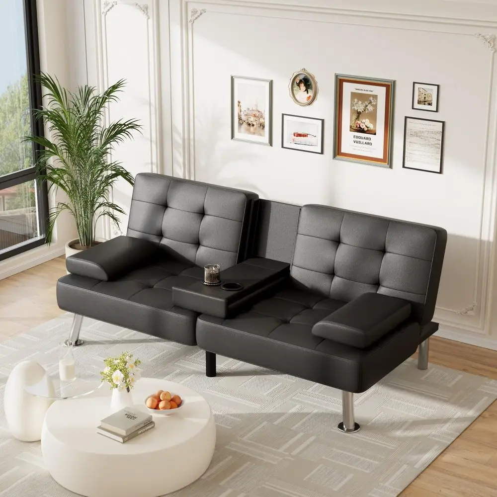 

Futon Sofa Bed Adjustable Futon Couch Sleeper Sofa Bed for Living Room, Business Office, Recliner Sofas with Cup Holders PU Lea