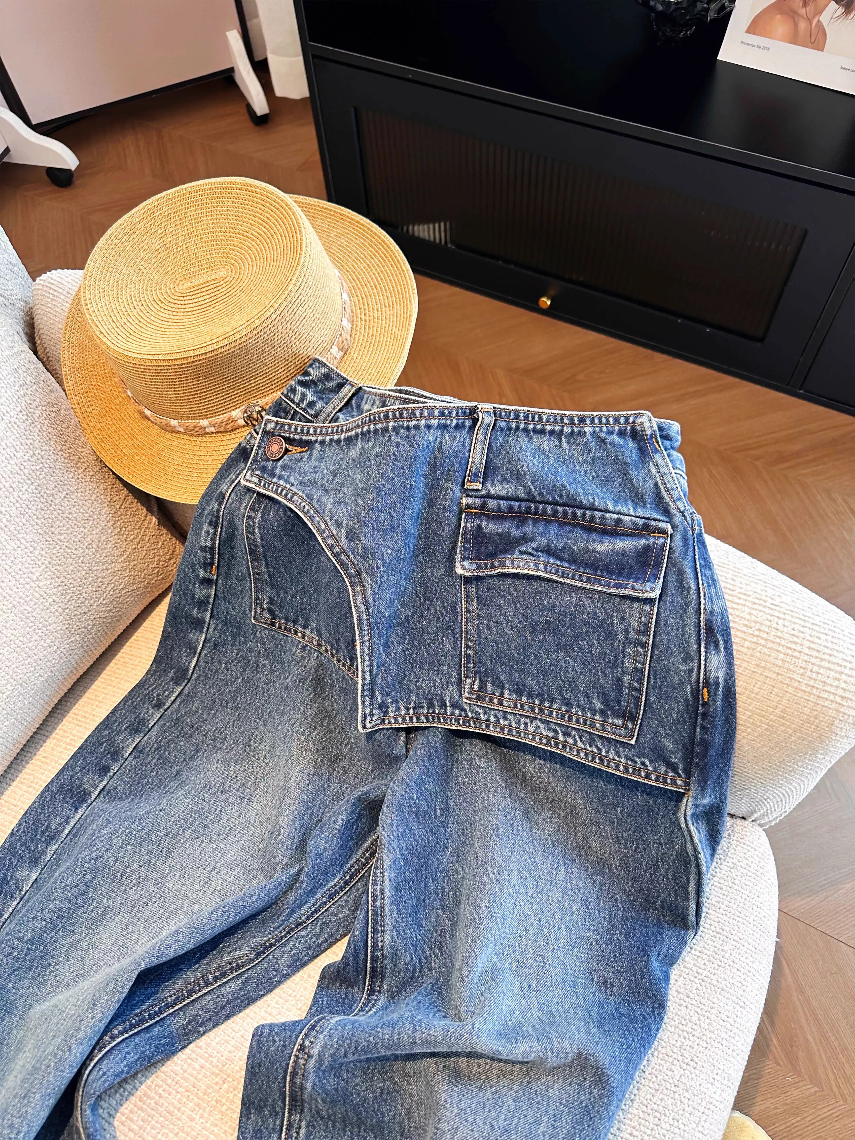 Personalized Design Sense Loose Jeans Autumn Women's Fake Two Pieces Deep Blue Narrow Trousers High Waist Straight Denim Pants