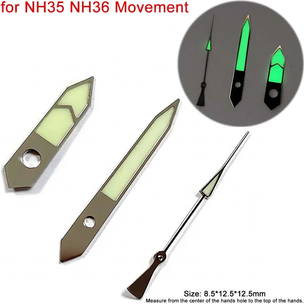 Watch Pointers Fit for NH35 NH36 Movement 3Pins 8.5*12.5*12.5mm C3 Strong Green Luminous Watch Hands Accessories