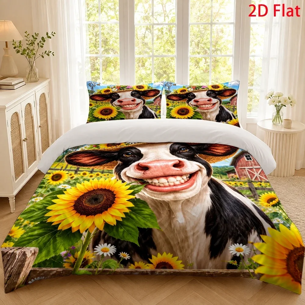 Cute Highland Cow and Elk Duvet Cover Set Multi Size Quilt Cover Queen Size Bedroom Bedding Decoration Machine Washable Adult Boy Girl Bedroom Dec