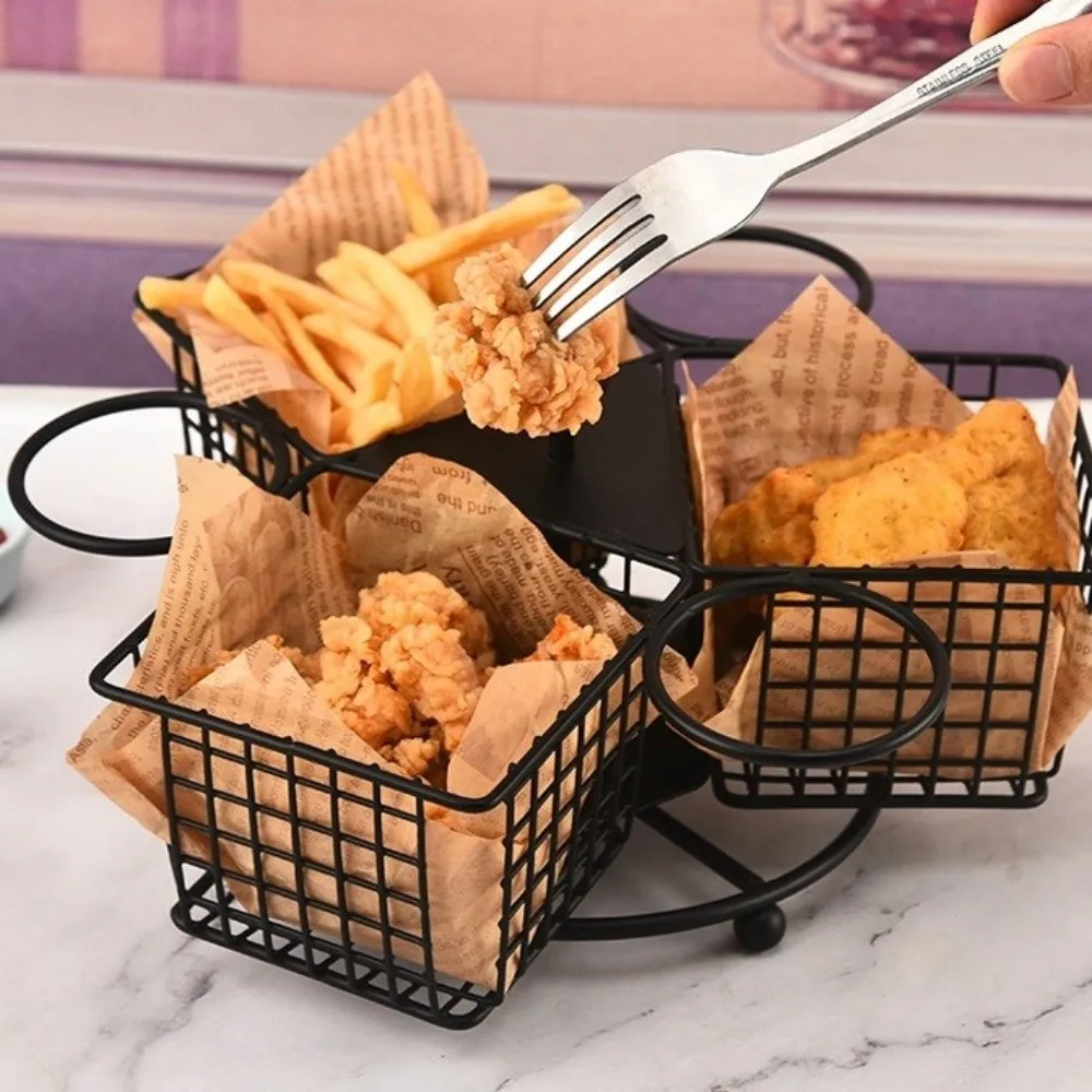 Stainless Steel Rotating French Fry Basket with Dipping Cup Sturdy Snack Basket Portable Chips Storage Basket Wings