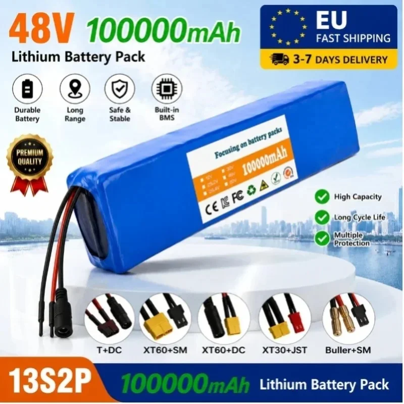 13S2P 48V 100Ah 100000mAh Lithium-Ionen-Akkupack mit Smart BMS für 250W 350W 500W 750W 1000W E-Bike, E-Scooter, DIY-Akku, inklusive kostenlosem 54,6V Ladegerät, XT60 XT30 DC T-Stecker verfügbar