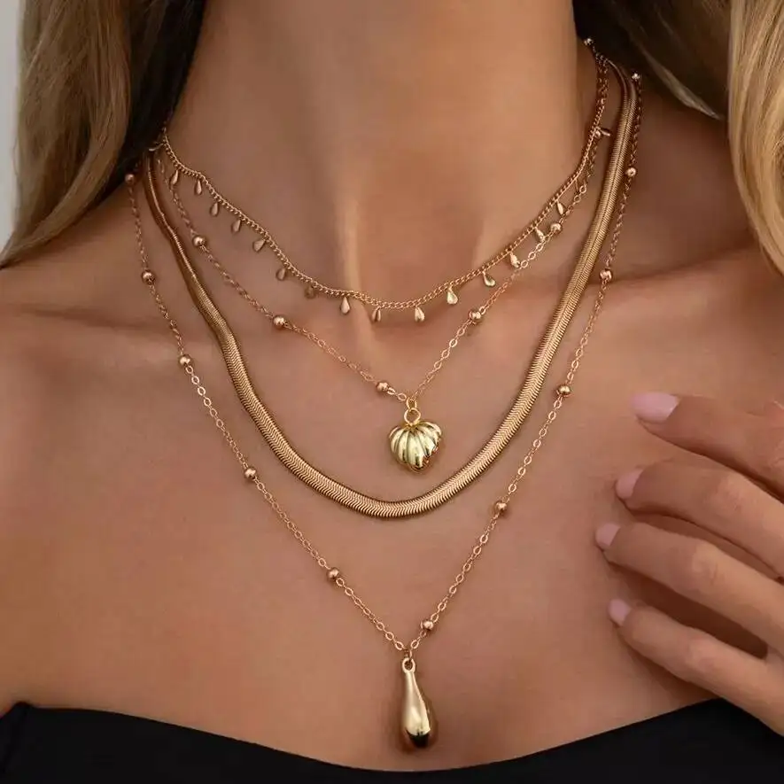 Salircon 4Pcs/Set Fashion Vintage Water Drop Pendant Choker Necklace for Women Creative Adjustable Clavicle Chain Charm Jewelry