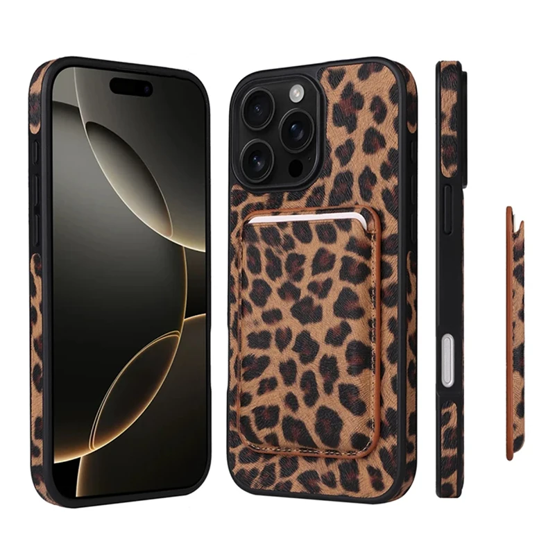 Magnetische Leopardenmuster-Hartschalenhülle mit Kartenhalter und Geldbörse für iPhone 17 16 15 14 13 Pro Max Plus aus Saffiano-Leder und Carbonfaser