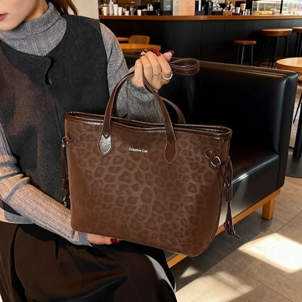 Casual Leopard Print Tote Bag Textured Versatile Shoulder Handbag Simple Top Handle Purse For Women
