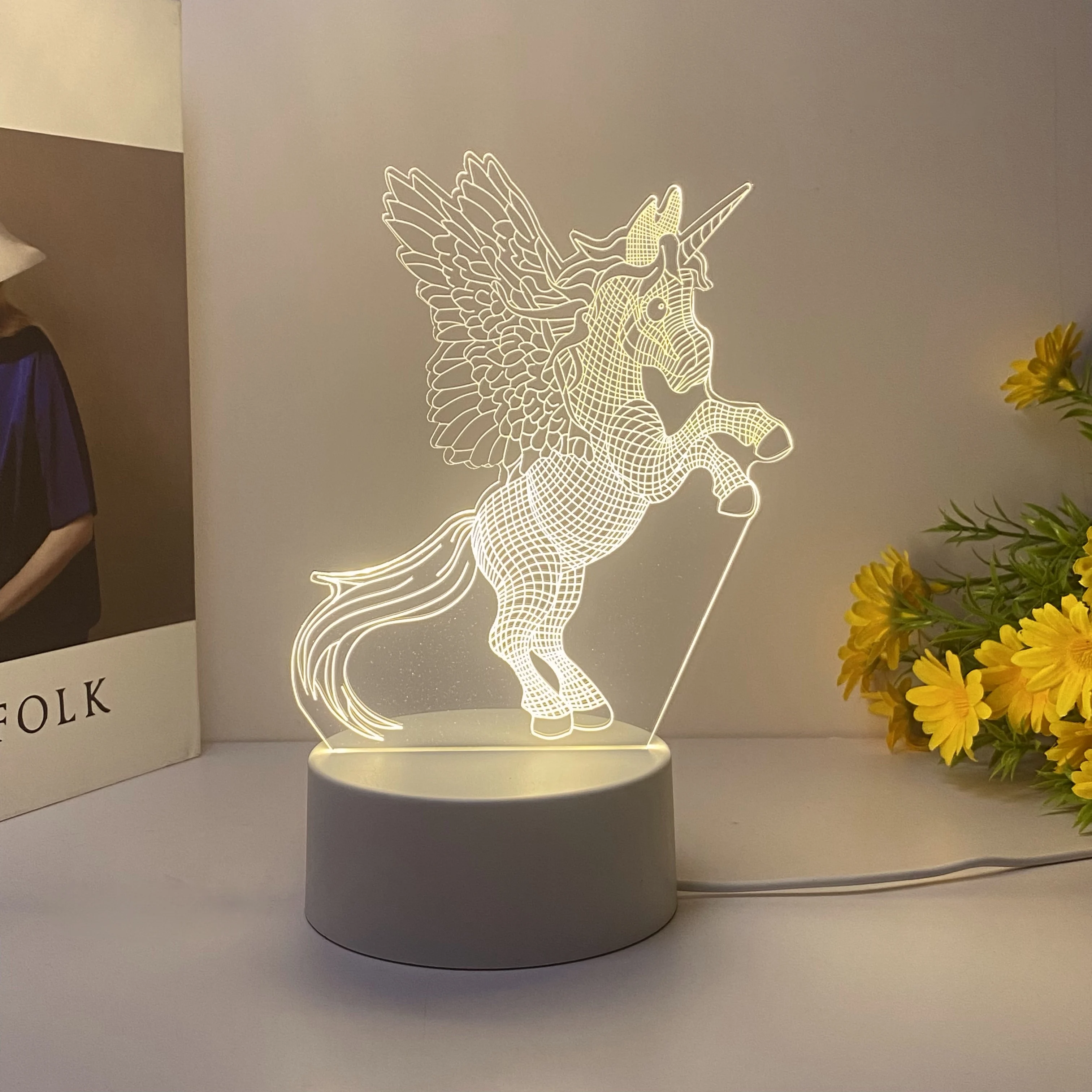 1pcs unicorn 3D nightlight, bedroom atmosphere with sleeping lights, USB interface, holiday gift table lights for friends.