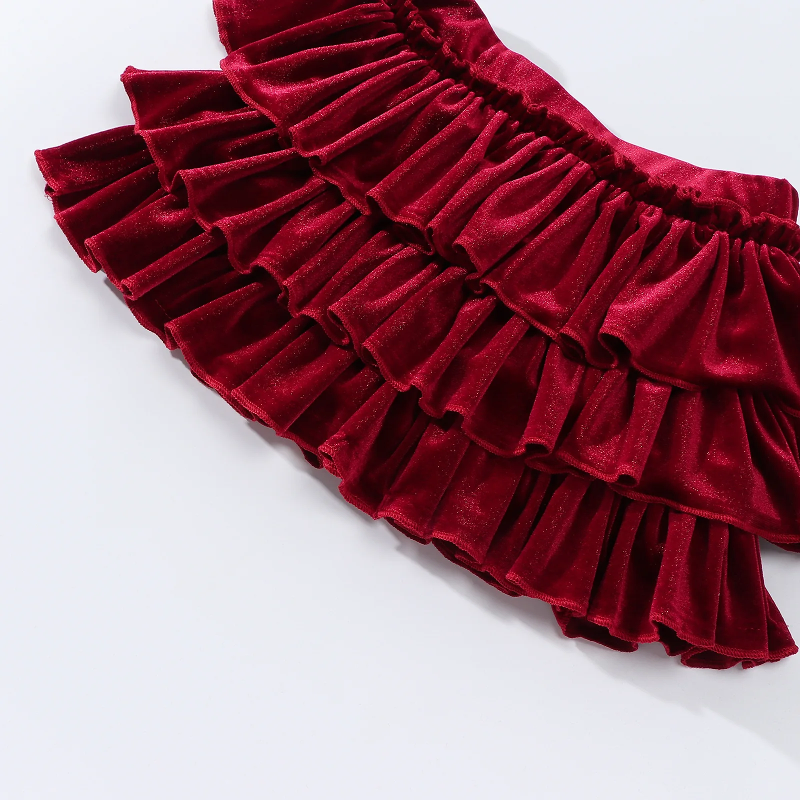 Teen Girls Velvet Ruffle Tiered Cake Skirt Elastic Waist Flared A Line Short Skirt Daily Wedding Party Children Casual Skirt