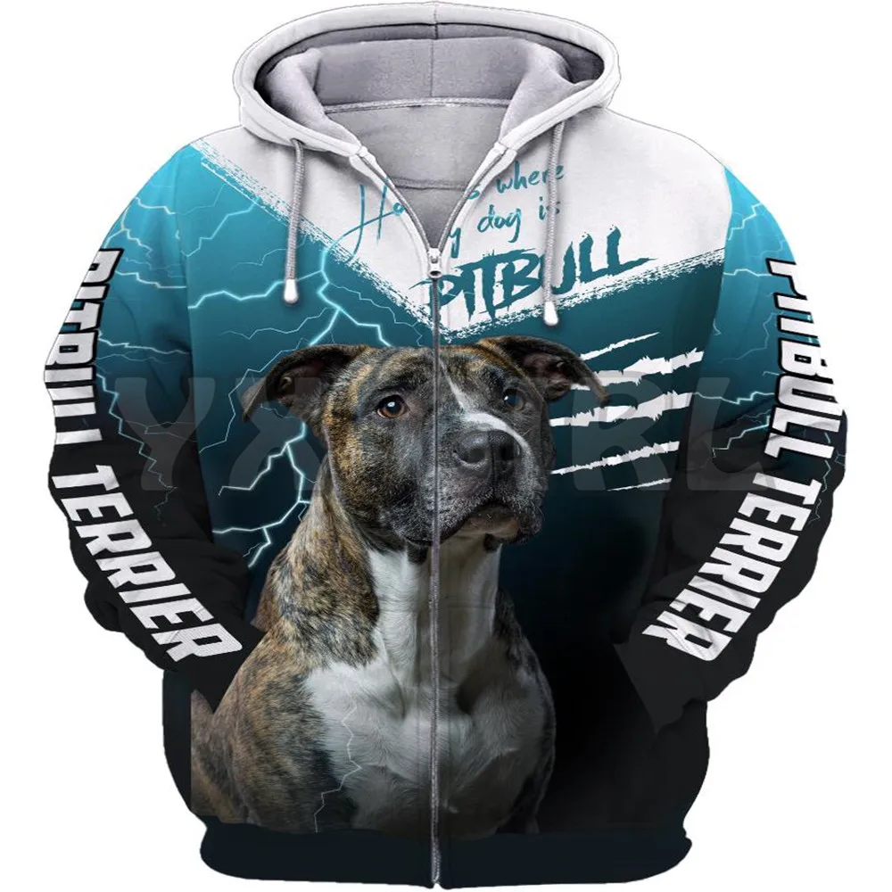 Hoodies impressos em 3D para homens e mulheres, capuz com zíper, roupa de treino casual, casa é onde meu cachorro é pit bull