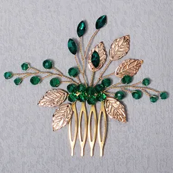 Bride Hairpins Tiaras Rhinestone Green Hair Combs For Women Fashion Beaded Golden Leaf Side Pins Bride Wedding Heapdiece Jewelry