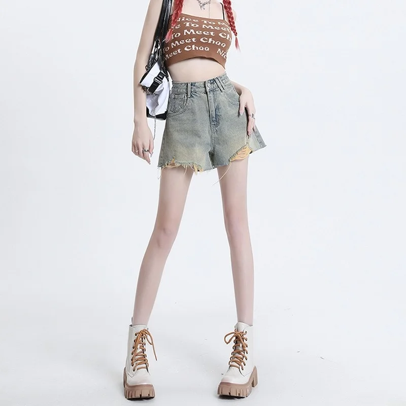 

Summer plus Size Yellow Clay Dye Vintage Distred Denim orts Women's High Waist Slimming A-Line Hot Pants Korean Sle
