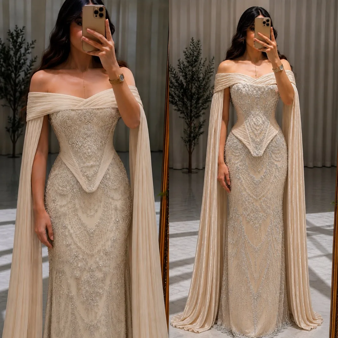 Luxury Champagne Off-Shoulder Mermaid Dress with Heavy Beaded Embroidery and Cape Sleeves Women Gala Gown Customized B262574