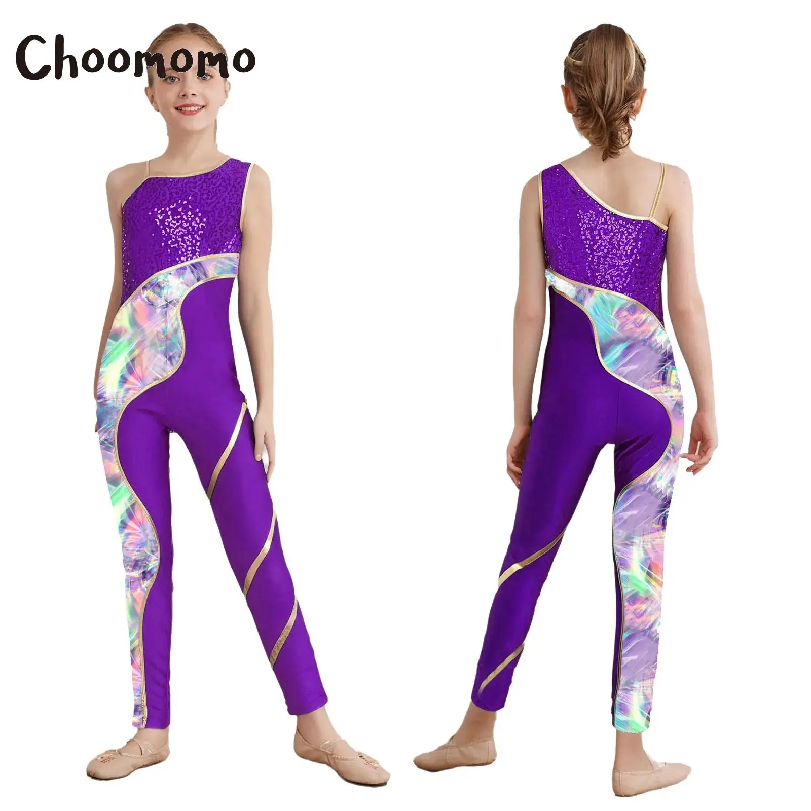 

Kids Girls One Shoulder Sleeve Ballet Dance Leotard Workout Gymnastic Skating Jumpsuit Shiny Sequins Print Full Length Bodysuit
