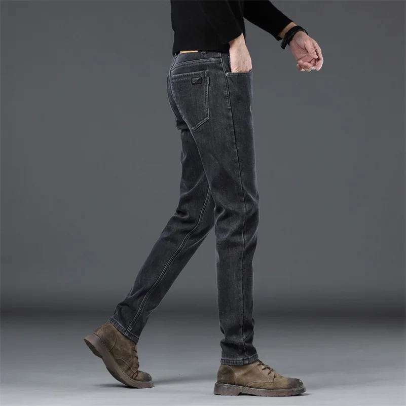 Men's Thermal Jeans Winter Snow Warm Plush Slim Cool Jeans Thicken Fleece Denim Stretch Long Pants Dad Casual Fashion Trousers