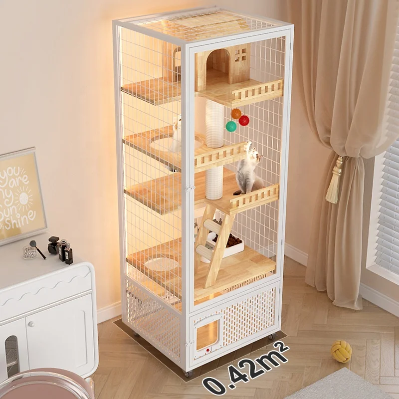 Solid Wood Cat Cottage House  Indoor Cat Cage Home with One Piece Steel Frame Litters Box  Villa Style Pet Cage & House