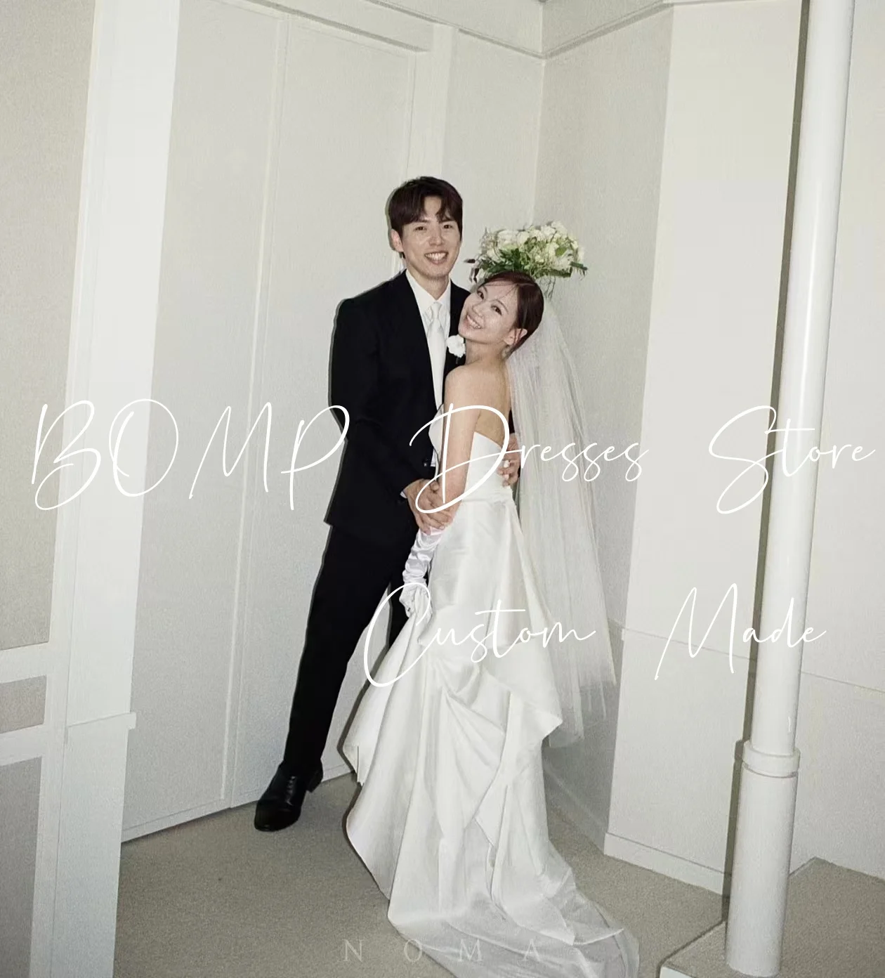 BOMP 심플 플리츠 웨딩 드레스 Strapless Draped Sweep Train 화이트 태피터 한국 사진 촬영 신부 리셉션 가운 맞춤형