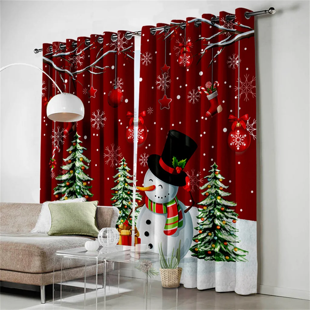 2 Pcs Christmas Curtains Snowman Christmas Tree Print Living Room Bedroom Decorative Curtains Holiday Sun Shade Drapes