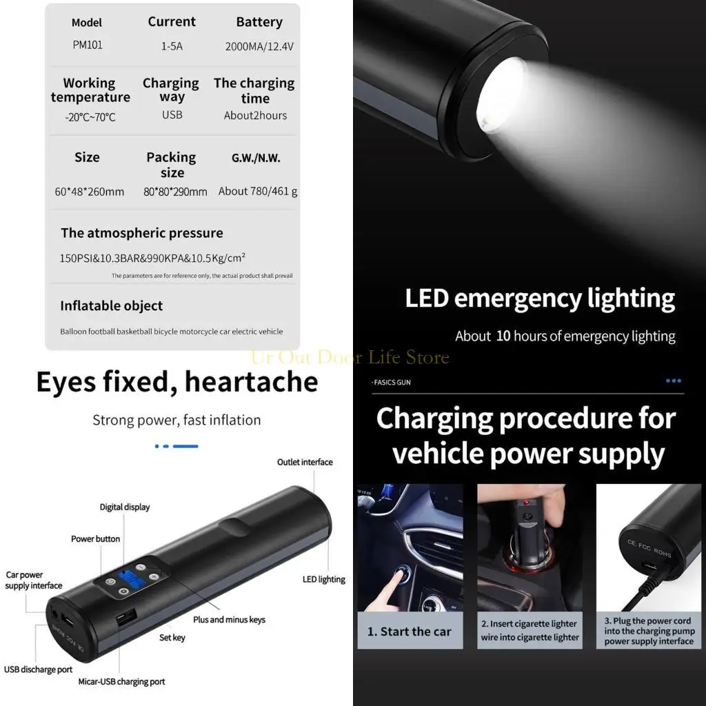 

77UF 12V 150PSI USB Cordless Portable Air Compressor LCD Handheld Inflatable