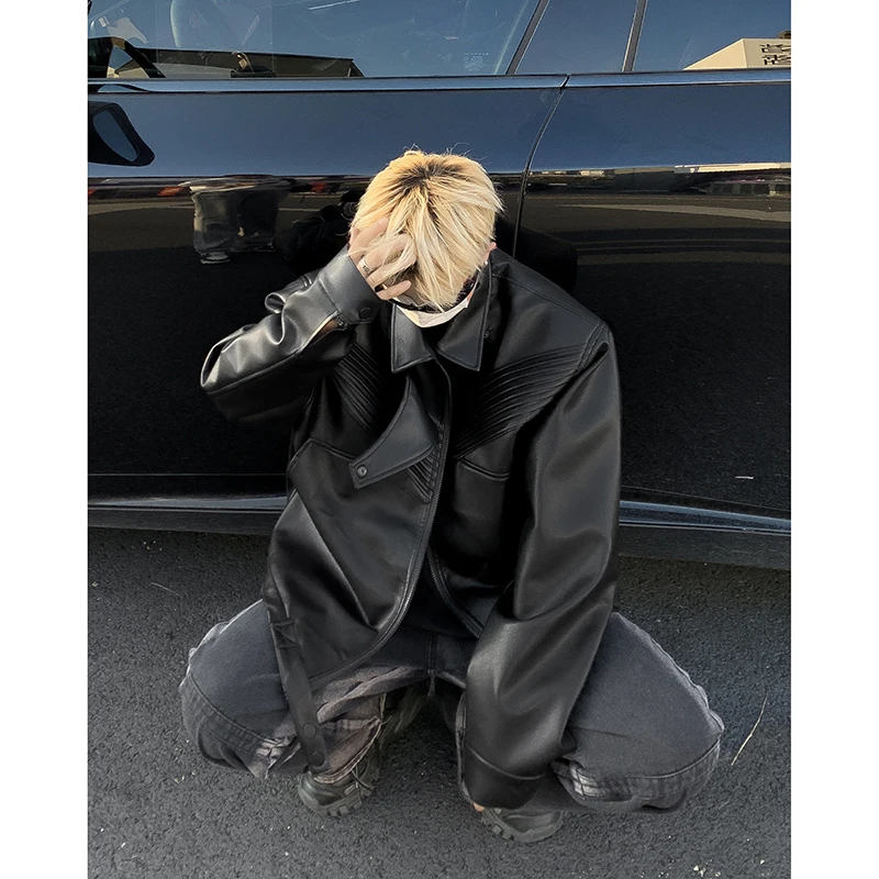 

Bla Leather Jaet Men's Spring Autumn Loose American Retro Sle PU Leather Coat Trendy Design Casual Youth Active Sle