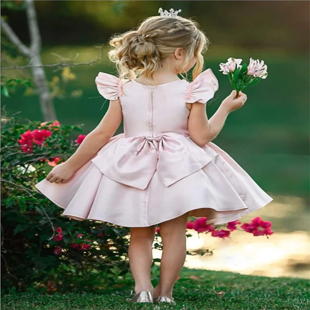 Pink Short Flower Girl Dress Skirt Satin Lotus Leaf Sleeve Wedding Cute Little Flower Child First Communion Party Dress