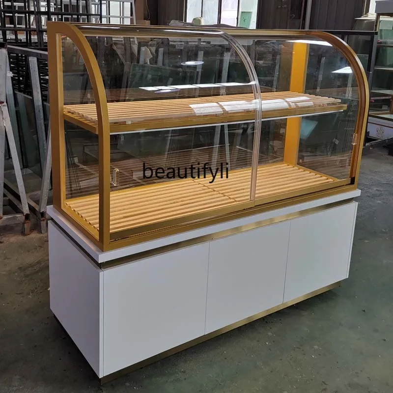 Bread middle island cabinet titanium-plated stainless steel arc middle island cake model cabinet glass