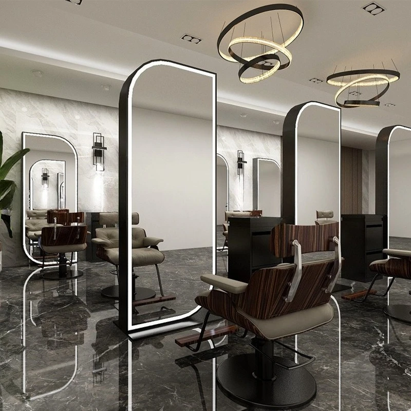 Mirror with lamp high definition stainless steel barber mirror single double-sided mirror floor color