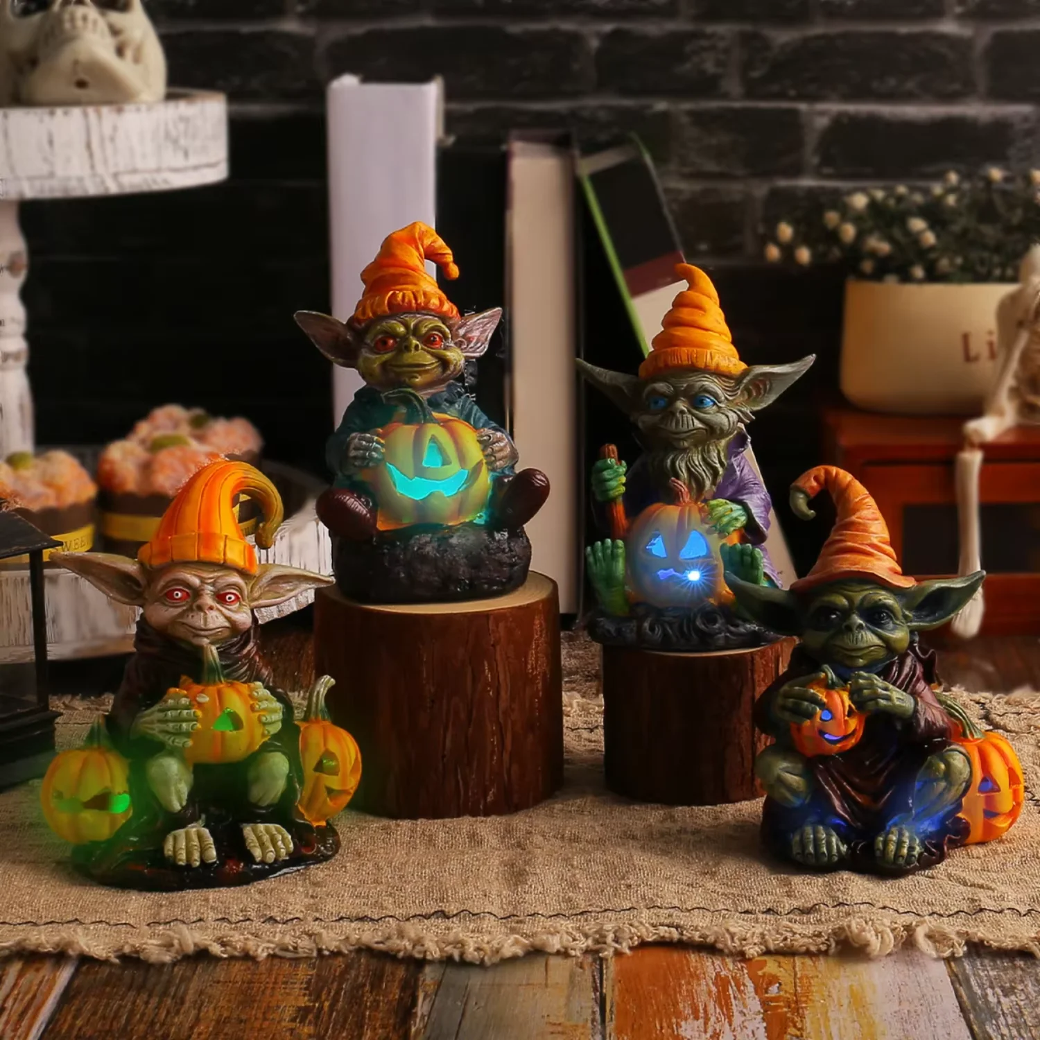 Halloween Jack-o-lantern and Elf Resin Craft Ornaments Glowing Plastic Desktop Dolls for  Decor Graduation gift ideas Fairy Pig