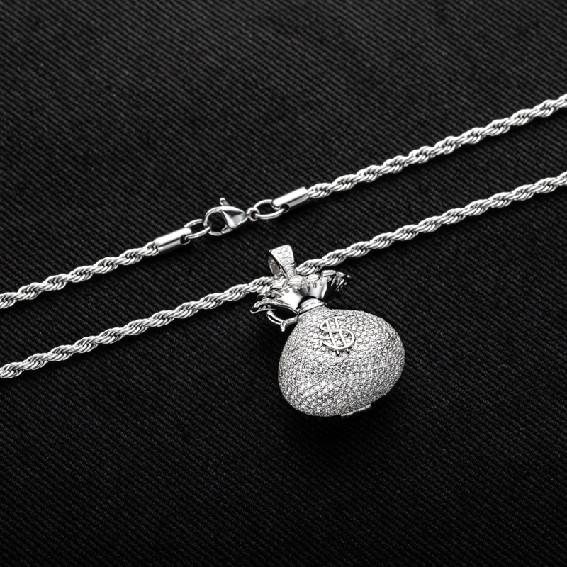 MossanRappr 6.1cttw Moissanite Money Bag Pendant Bling Hip Hop Necklace 925 Sterling Silver  Fashion Punk Charm Gifts for Men - Image 3