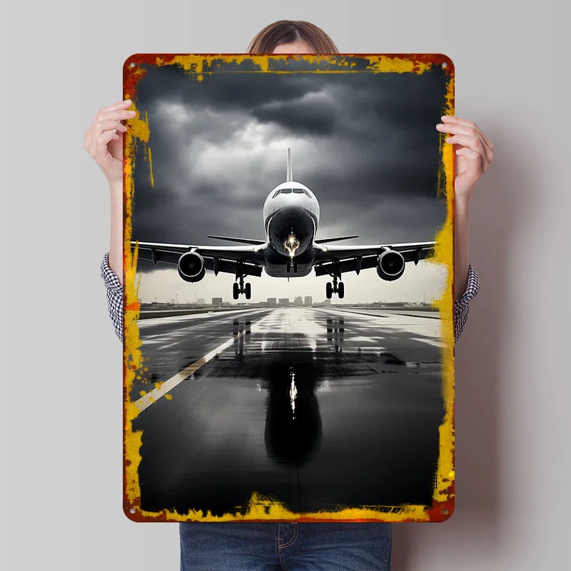Airliner Take Off Rainy Printed Poster Customized Wall Art Retro Vintage Metal Tin Signs for Garage Decoration Room Desk Decor