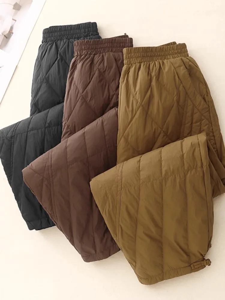 Retro Buttons Women Down Cotton Trousers 2024 New Winter Warm Quilted Casual Female Harem Pants Windproof Outerwear Trousers