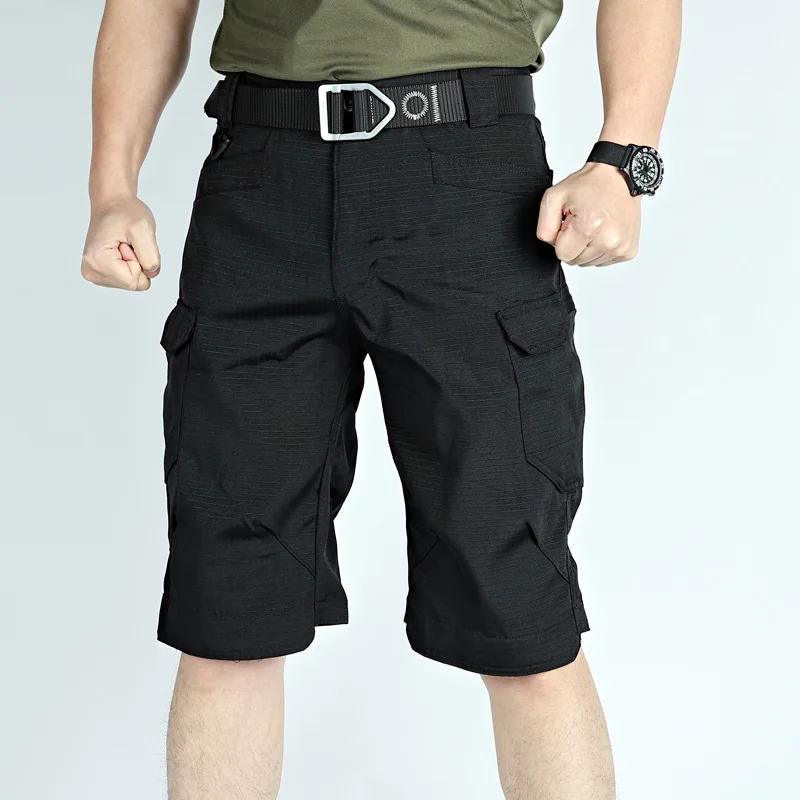 Black Cargo Sets Men Summer Breathable Wear-resistant Short Sleeve Tactical Shirts+Military Straight Combat Shorts 2 Pcs Suits