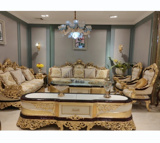 

*# European Classic Luxury Wooden Carved Sofa Set Solid Wood Golden Frame Fabric Sofa Furnitures for Living Room