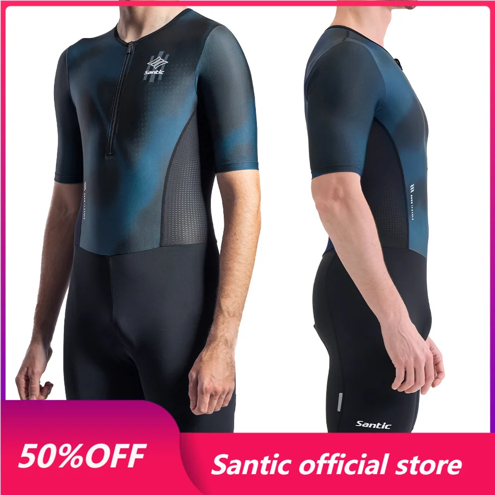 Santic Men's Short Sleeve Triathlon Skinsuit Breathable Elastic Cycling Jumpsuit With 80KG High Density Cushion Pad KM26C03030