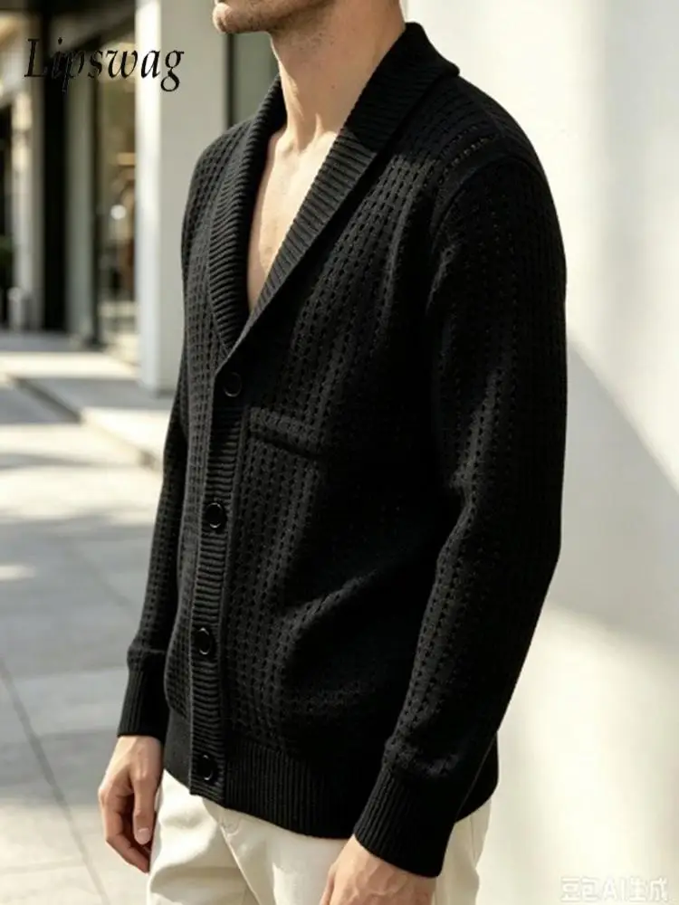 Daily Casual Solid Color Hollow Out Knit Cardigan For Mens Fashionable Loose Fit Turn‑down Collar Sweater Autumn Winter For Men