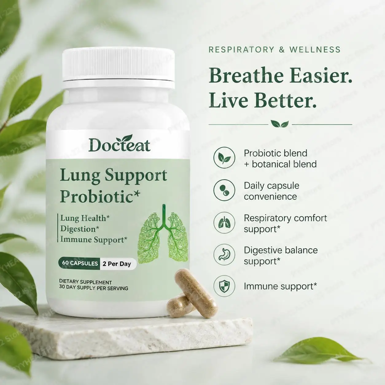 Lung Support Probiotic Capsules with Probiotic Blend & Botanical Extracts for Respiratory Comfort, Digestive Balance, 60 Ct