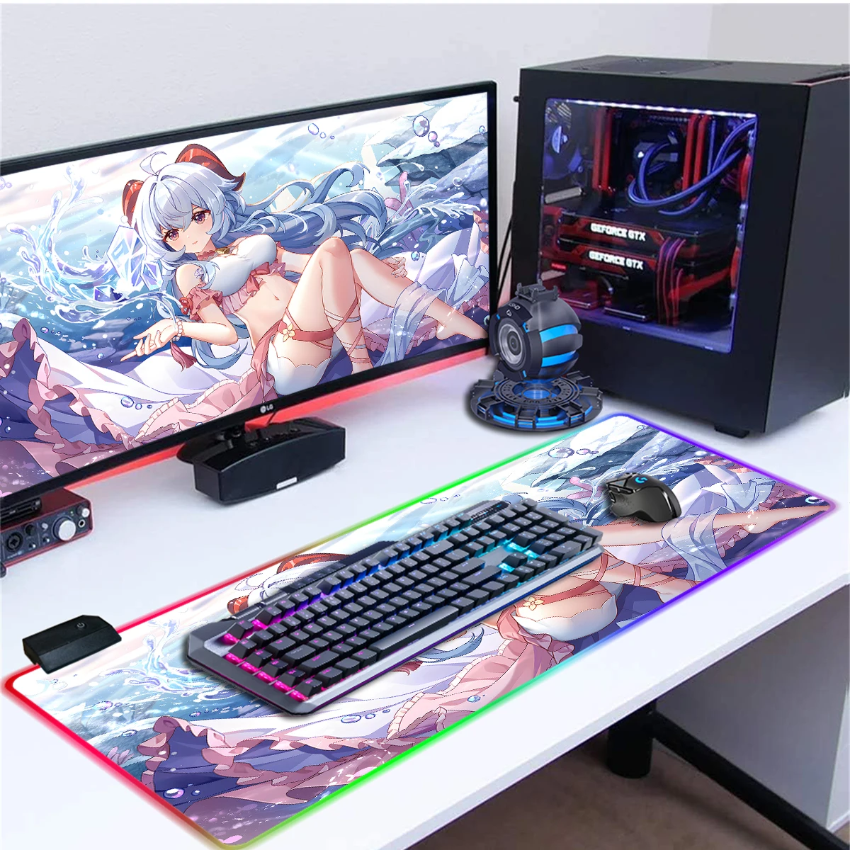 

RGB Mouse Pad Genshin Ganyu Cute LED Lighted Game Mousepad Large Desk Mat Non-Slip Rubber Base Computer Keyboard Pad Office