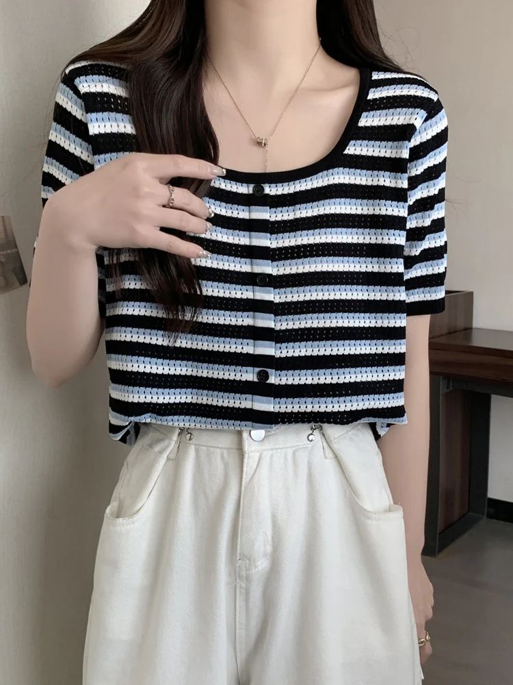 حجم كبير الحرير الجليد شريط تريكو ort Sve فضفاضة تناسب المرأة تي شيرت الكورية Sle تخفيف Faion زر التفاصيل