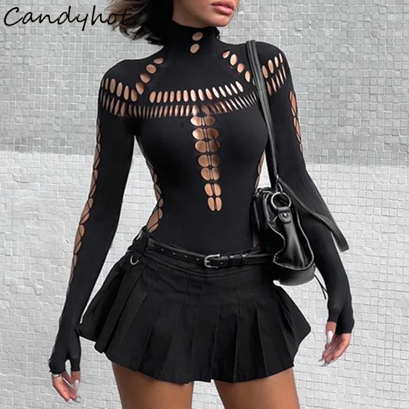 Candyhot Sexy Hollow Out High Collar Bodysuit Bodycon Y2K Long Sleeves Fashion T Shirts Women Gothic Punk Streetwear Bodysuits