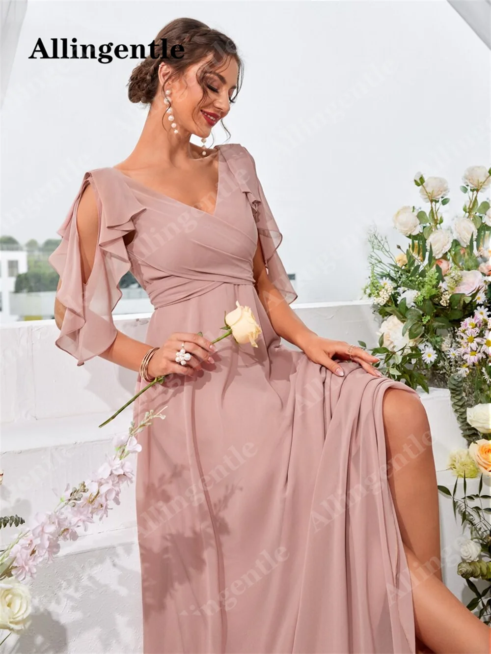 Allingentle Ruffle Trim Cold Shoulder Tie Back Chiffon Maxi Bridesmaid Dress 2024 V-Neck A-Line Floor Length Evening Party Gowns