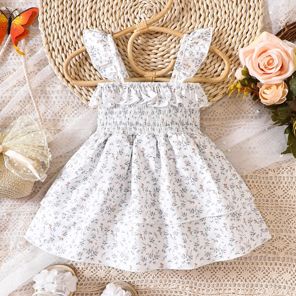 Toddler Young Girls Cute Ditsy Floral Dress Smocking Strap Layered Dress Summer Dresses for Girls