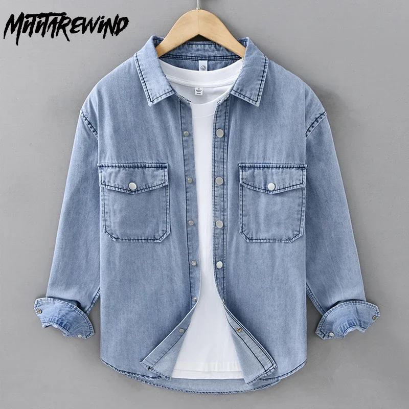 New Long Sleeve Denim Shirt Men Japan Retro Cargo Shirt Men Double Pocket Snap Button Pure Cotton Jean Shirts Fashion Overshirt