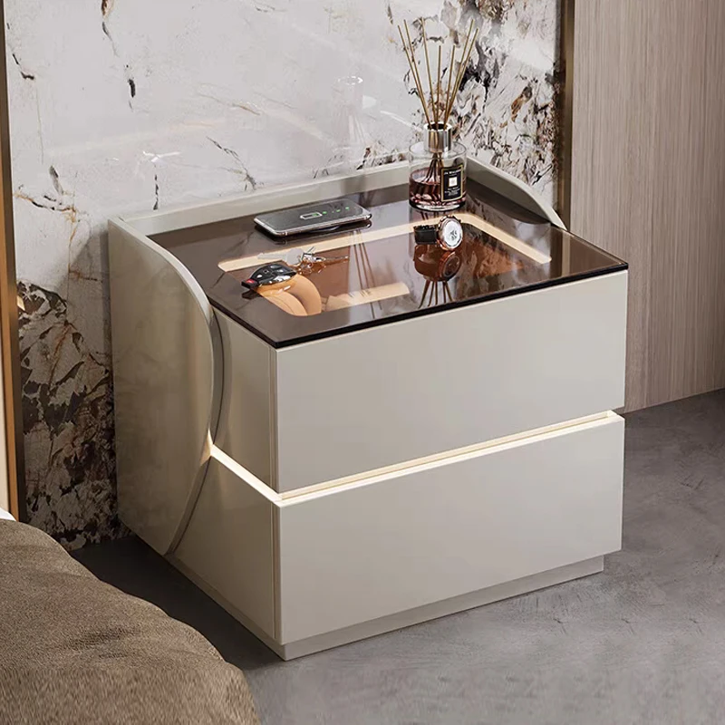 & Ambient Light Smart Storage Cabinet For Master Bedroom&Modern Minimalist Multifunctional Bedside Table With Wireless Charging