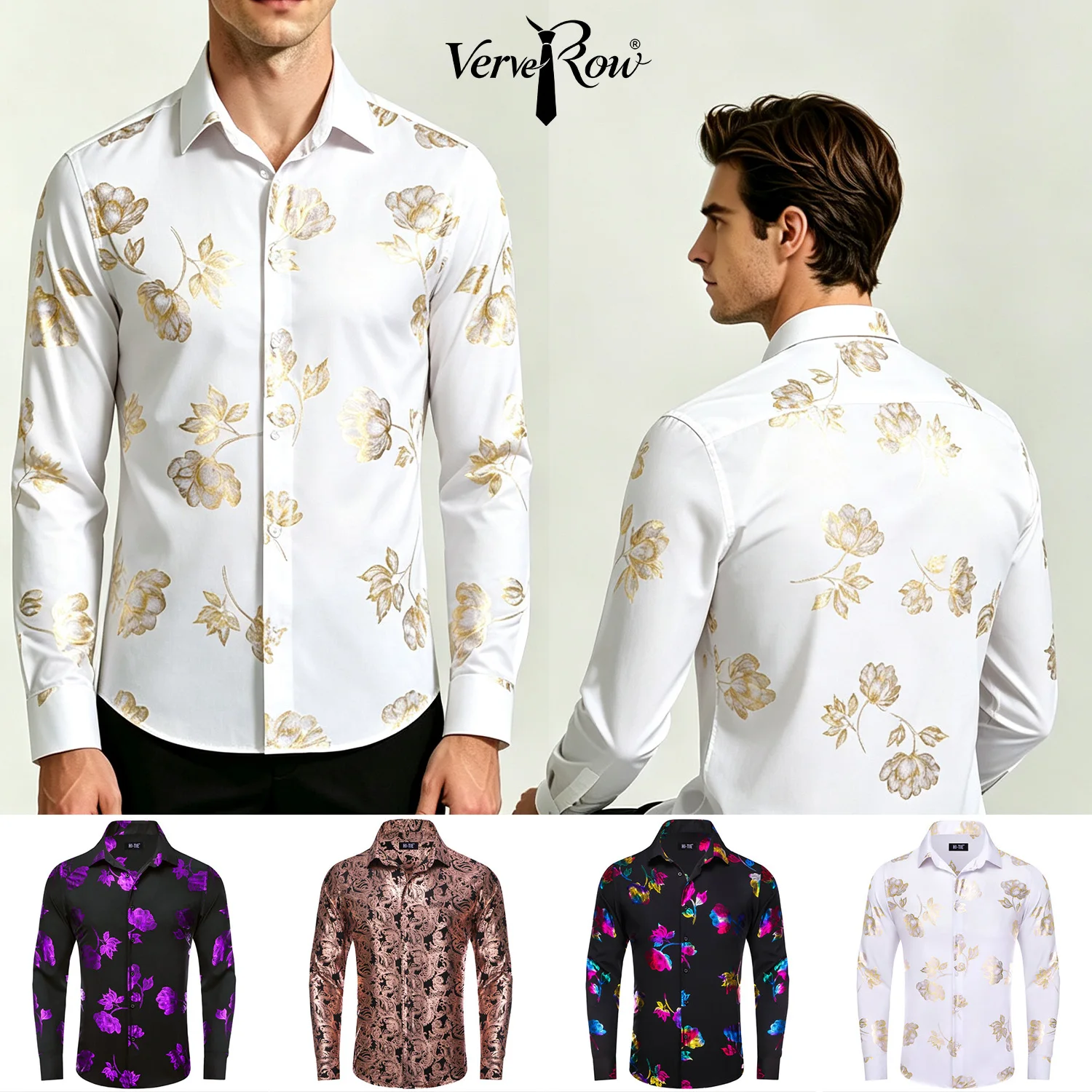 Single Printed Long Sleeve Shirt For Men, Pink or Green or White or Blue or Gold or Black, Loose Collar Button Daily Wear Blouse