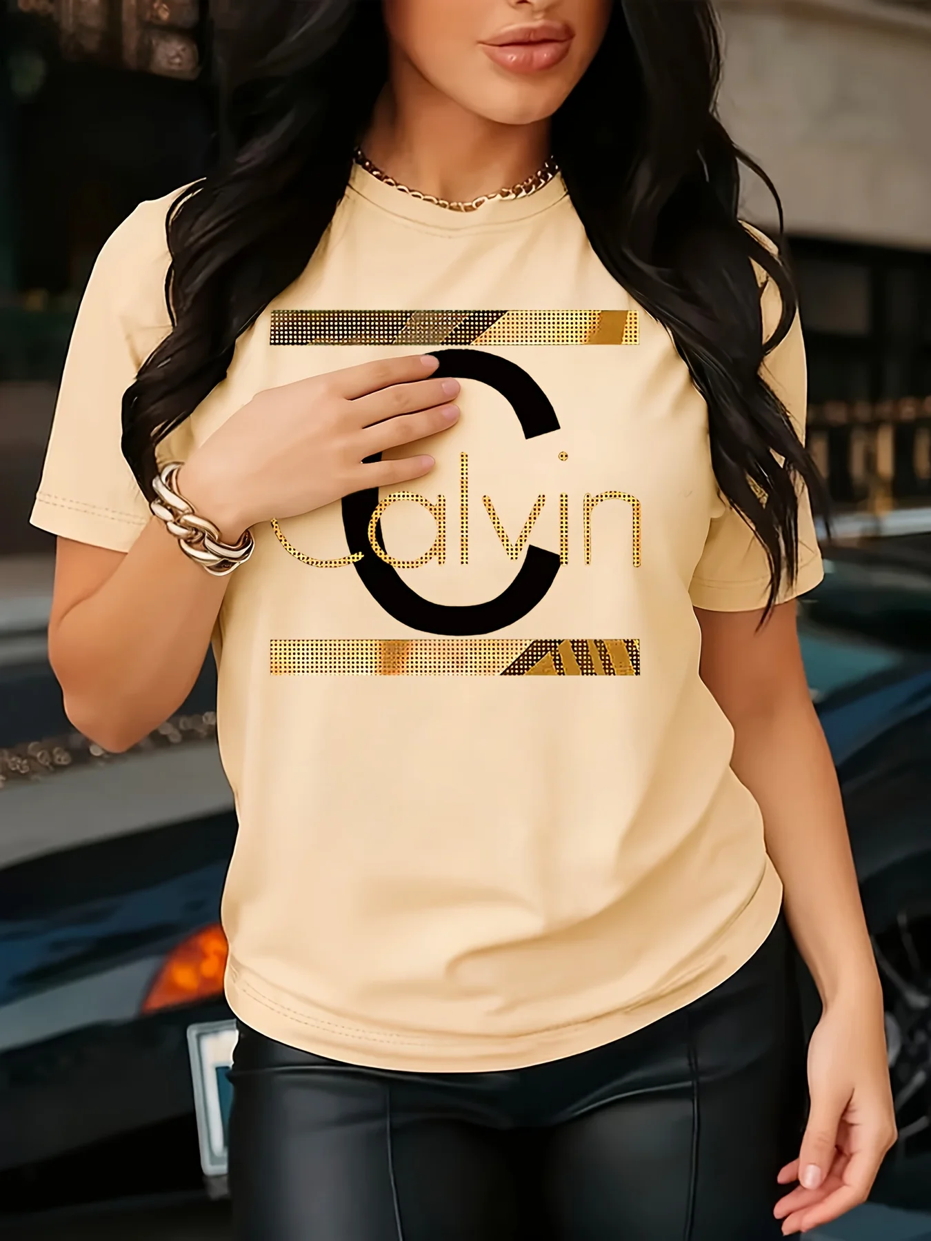 Calvin Letter Print Women's Tee - Gold Graphic Green Casual Top image 5