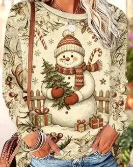 Women Crew Neck Long Sleeve Sweatshirt Christmas White Fox Snow Gift Pine Cone Print Casual Loose Pullover Ladies Tops