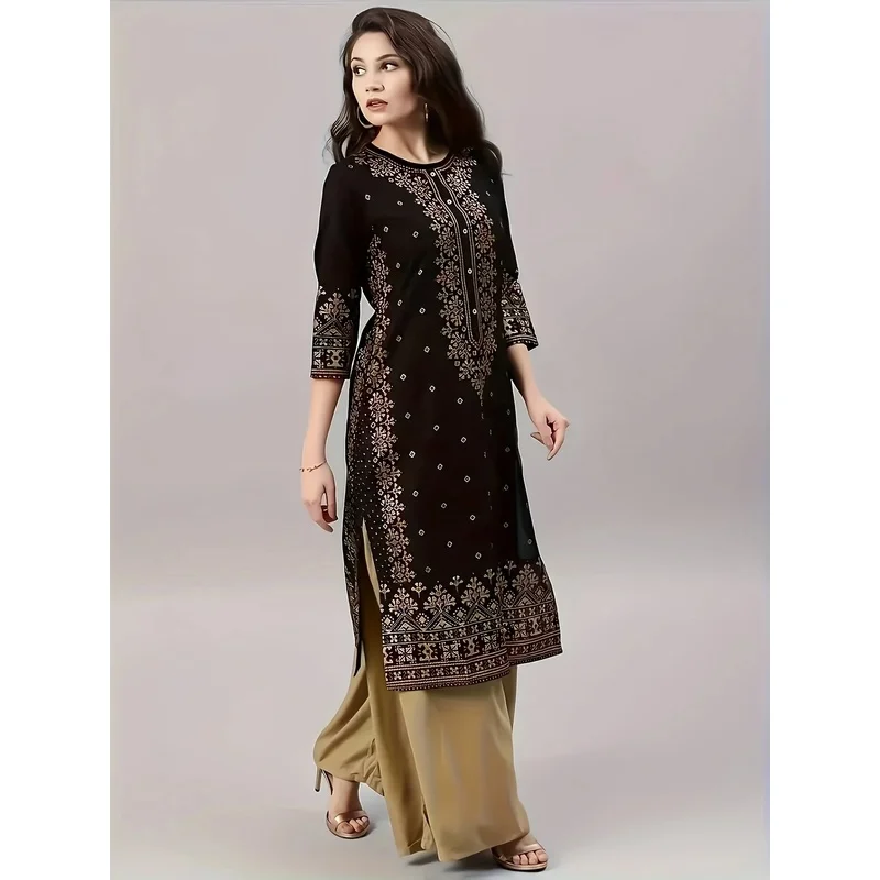 Women's Casual Ethnic Style Clothing Set round Neck Mid-Sleeved Dress Mid-Length Skirt Solid Color Elastic Waisted Pants