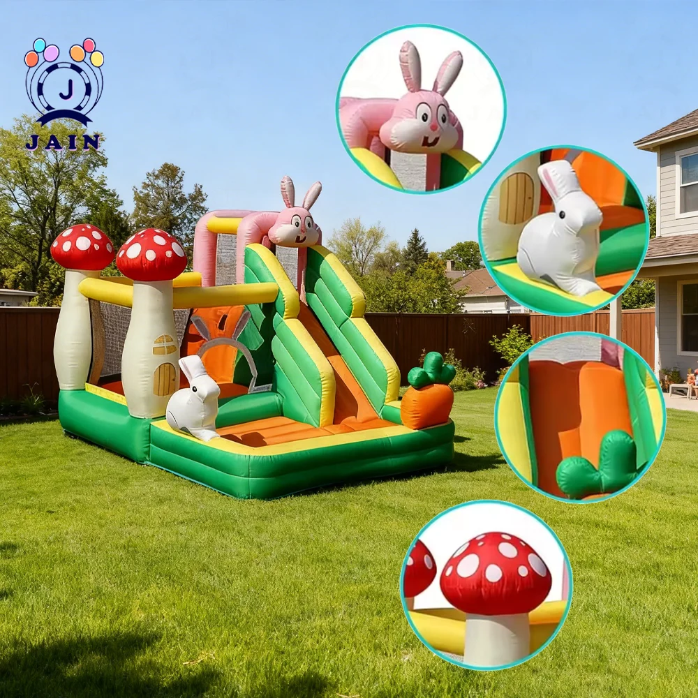 Bounce House Slide Combo - Mushroom Theme Playhouse Outdoor Inflatable Bouncer with Slide Kindergarten Play Equipment