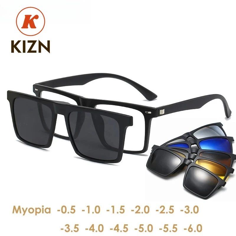 

KIZN Sports Myopia Polarized Magnet Sunglasses Women Men Clip On Glasses Square Optic Spectacle 6 In 1 Eyeglass Frames -0.5 TO