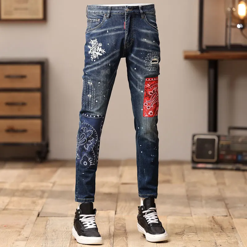 High Street Fashion Men Jeans Retro Blue Stretch Slim Fit Ripped Jeans Men Embroidery Patch Designer Hip Hop Denim Pants Hombre