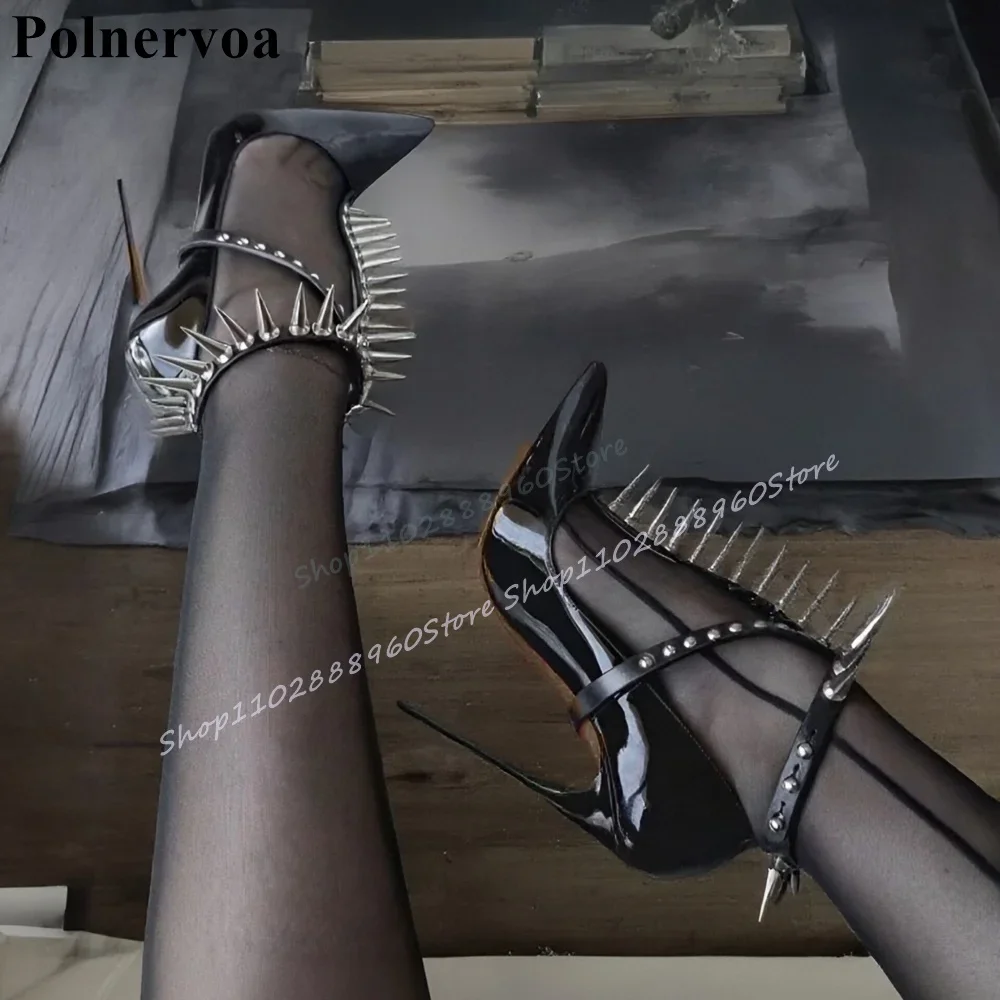 

Sexy Black Metal Rivets Strip Pointy Pumps Thin High Heel Patent Leather Shoes For Women Pointed Toe 2025 Zapatos Para Mujere